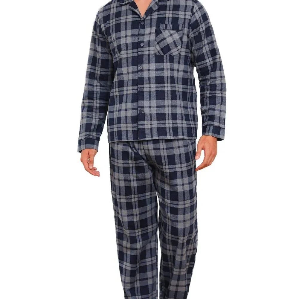 Men's Cotton Flannel Pajama Set Classic Plaid Button Front Sleepwear Lounge